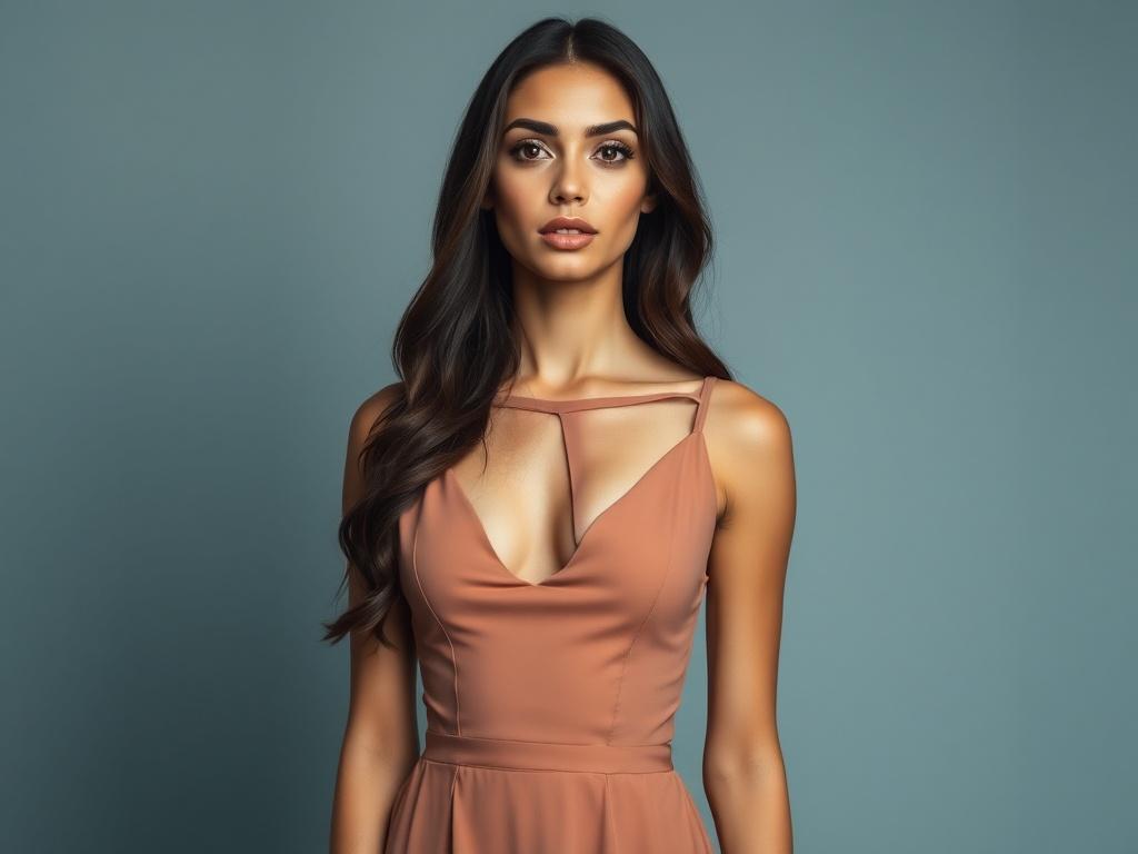 woman in a dress with a neckline cutout woman in a dress with a neckline cutoutфото